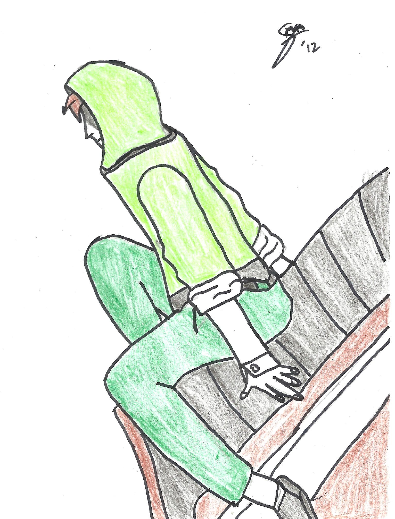 Hoody Hisao looking to sky from dormitory roof concept art